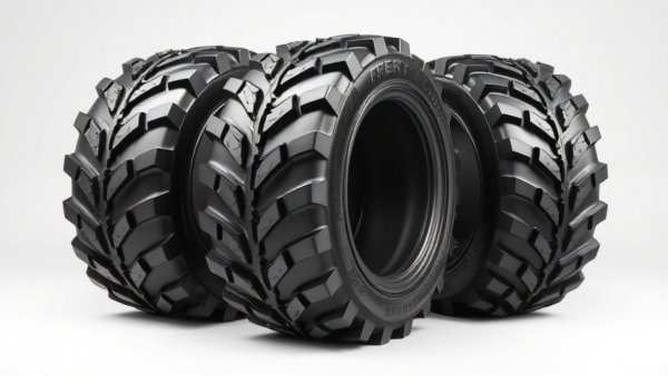 Non-directional compact tractor tires with deep treads in studio.