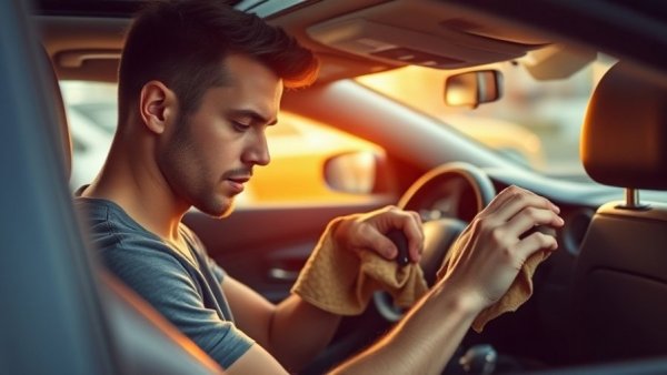 Focused man using best leather cleaner in car interior.