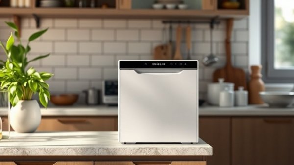 Compact countertop dishwasher in a small kitchen.