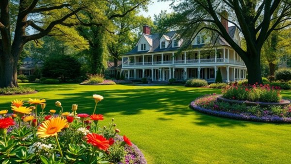 Lush front yard privacy landscaping with vibrant flowers and trees.