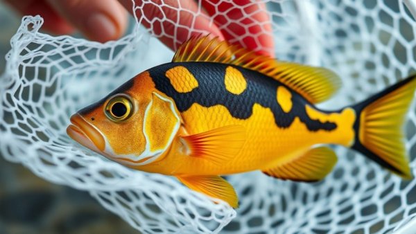 Close-up of a colorful marine fish with vibrant markings held in a net.