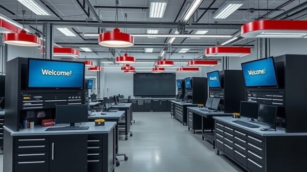 Kawasaki Technical Training Center, modern workspace with tool cabinets and monitors.