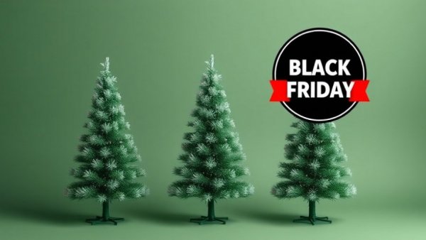King of Christmas trees discount on Black Friday, featuring three festive trees.