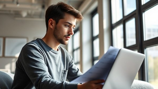 Man reviewing maintenance plan in bright apartment