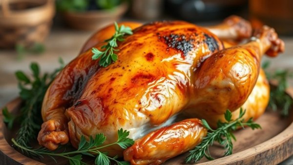 Bourbon-Brined Turkey, golden skin, surrounded by herbs.