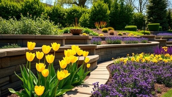 Curved retaining wall with vibrant garden landscape design, featuring flowers and greenery.