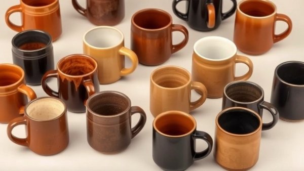 Vintage brown ceramic mugs in elegant curve arrangement.