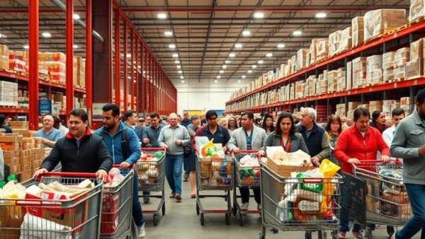Busy Costco shopping scene with carts filled with DIY supplies.