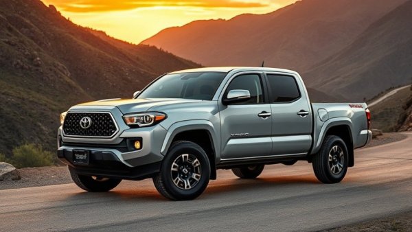 2026 Toyota Tacoma features showcased on mountain road at sunset.