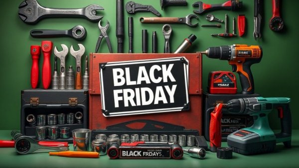 Mechanic tools under $10 with storage boxes and drill on green background.