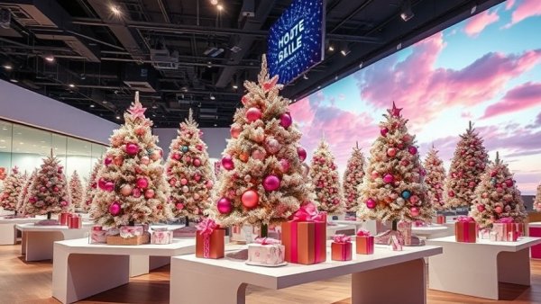 Festive retail display with gift sets under decorated trees, interior painter in Overland Park, KS backdrop.