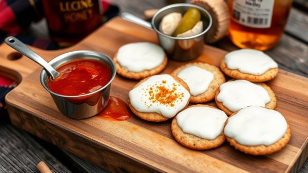 Playoff tailgating essentials: Crackers with sauce and spices on a cutting board.