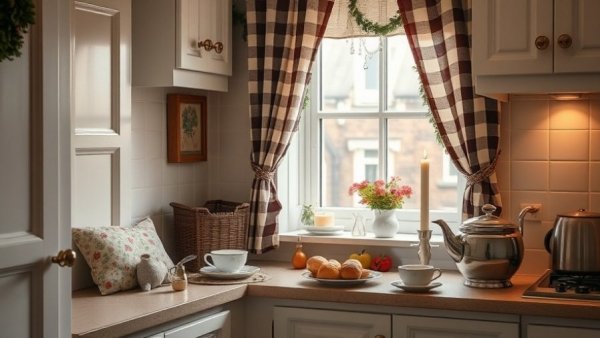 Cozy kitchen nook with holiday decor, warm light setting, tips.