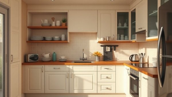 Complete kitchen in small space with cream cabinets and wood countertop.
