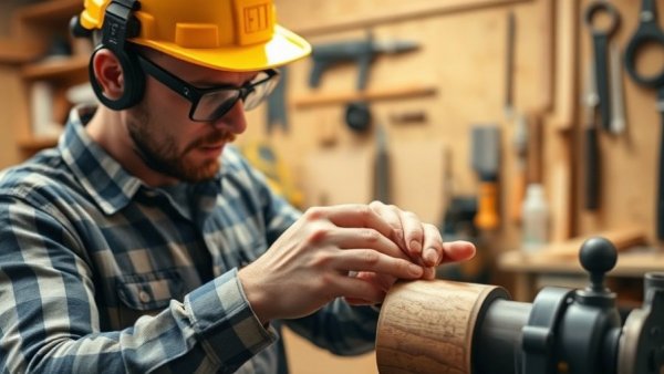 Craftsman shaping wooden Christmas ornaments on a lathe in workshop.
