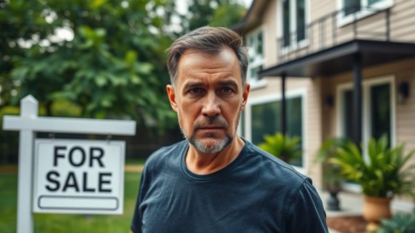 Man puzzled by 'For Sale' sign, thinking about portable mortgages.