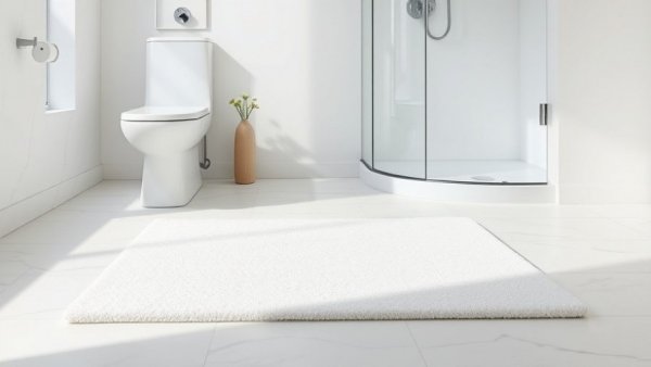 Modern diatomaceous earth bath mat in minimalist bathroom.