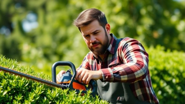 Landscaper enhancing productivity and profitability by trimming hedges efficiently.