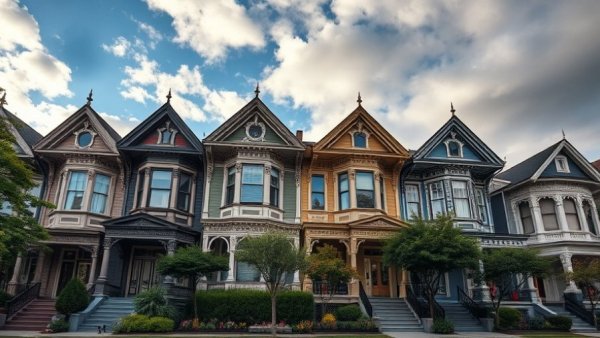 Victorian-style row houses for mid-term rentals under blue sky.