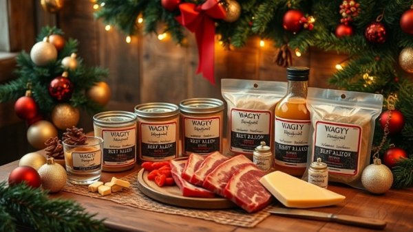 Wagyu beef tallow products with festive decor, ideal last-minute grilling gifts.