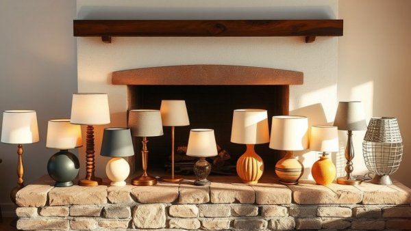 Aesthetic wooden table lamps Sweden, arranged on a rustic hearth.