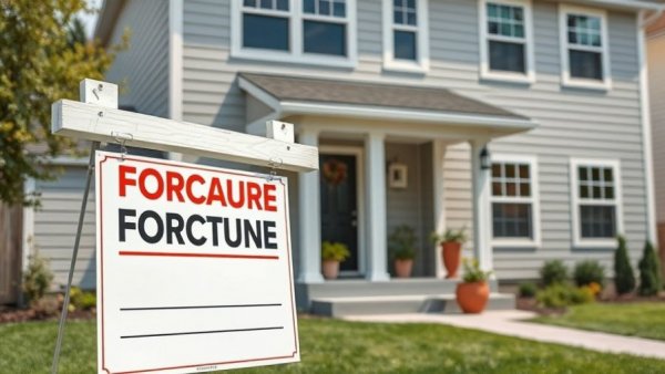 Foreclosure sign in front of a suburban house for foreclosure auctions 2025.