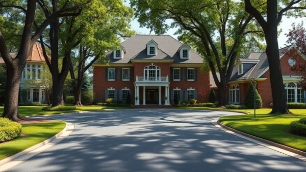 Luxury driveway design leading to a grand brick mansion with lush green surroundings.