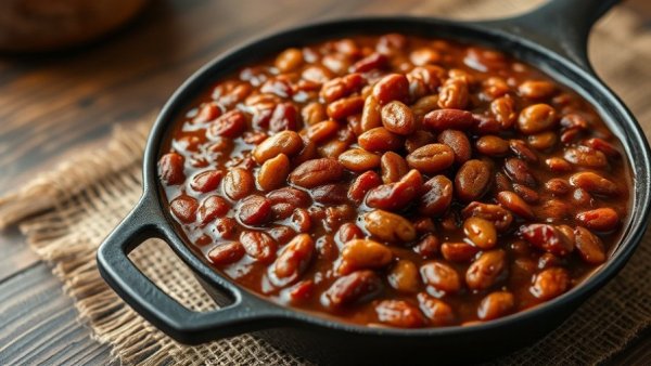 Savory baked beans recipe in cast iron skillet.