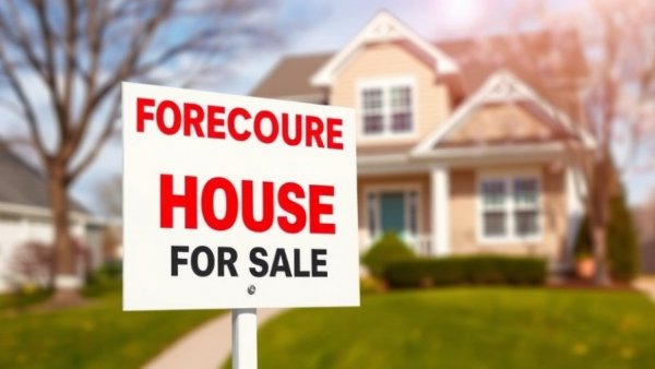 Foreclosure sign in front of a suburban house indicating real estate conditions.