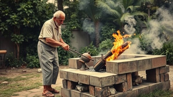 Noche Buena Cuban traditions, man cooks over fire pit, sepia tone.