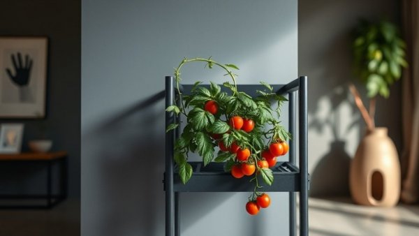 Indoor garden with tomato plant on shelf for smart buys.