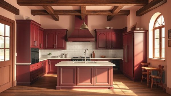 Burgundy and blush kitchen design with rustic charm and vintage elements.