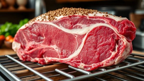 Seasoned rotisserie prime rib for the holidays close-up.