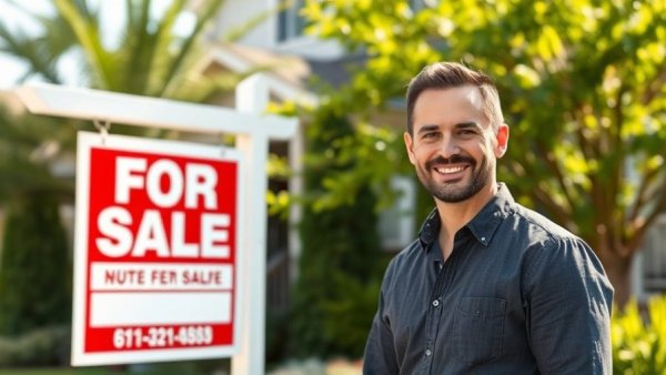 Confident man by for sale sign in U.S. housing market news.