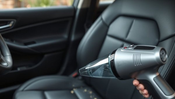 Handheld vacuum cleaning crumbs from leather car seat.