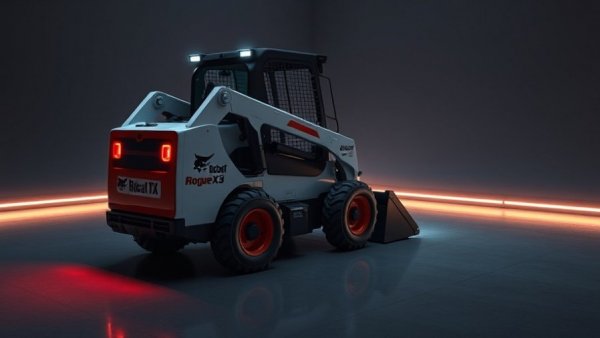 Futuristic Bobcat RogueX3 electric loader in neon ambiance.