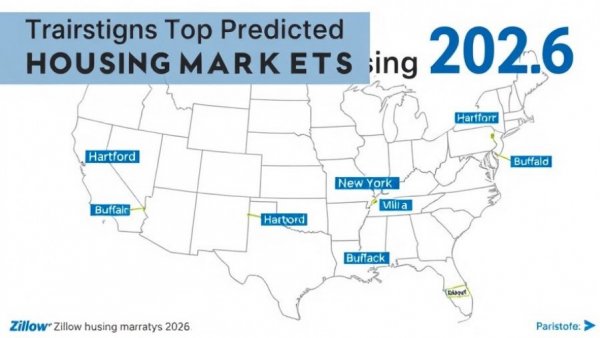 Zillow's predicted hottest housing markets in 2026, with top 10 cities highlighted.