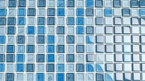 PebbleTec glass tile mosaic with blue and gray shades.