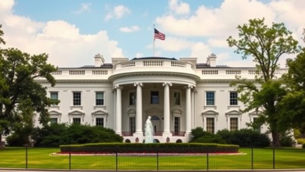 White House with lush greenery, clear sky, photorealistic.