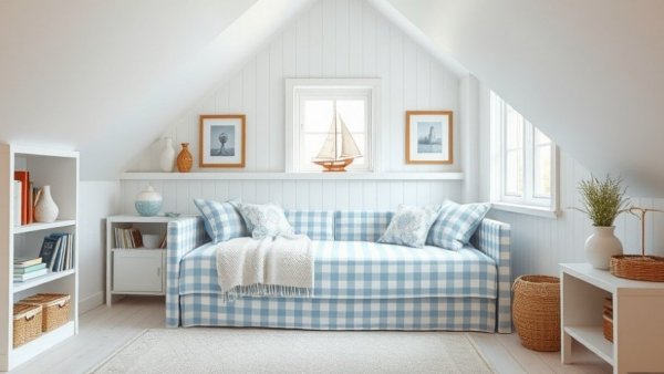 Cozy attic room with gingham daybed makeover, coastal decor.