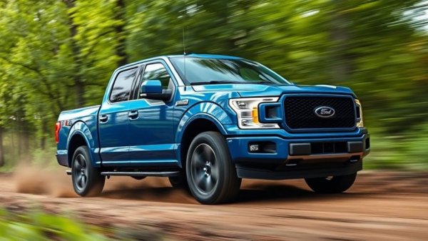 Ford F-150 Lightning EREV on forest path, showcasing 700-mile range.