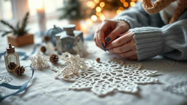 Hands crafting cozy lace decorations for winter decor trends 2026.