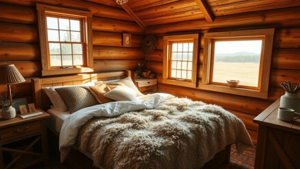 Cozy cabin interior with wool bedding for winter comfort, countryside view.