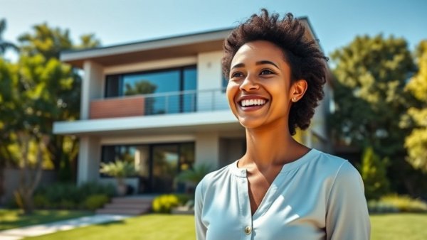 Financial freedom through rental properties: Smiling woman and modern house.