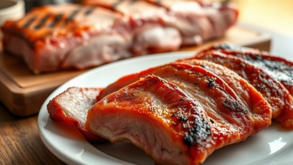 Close-up of cooked pork belly slices on white plate with raw pork belly, cooking pork belly.