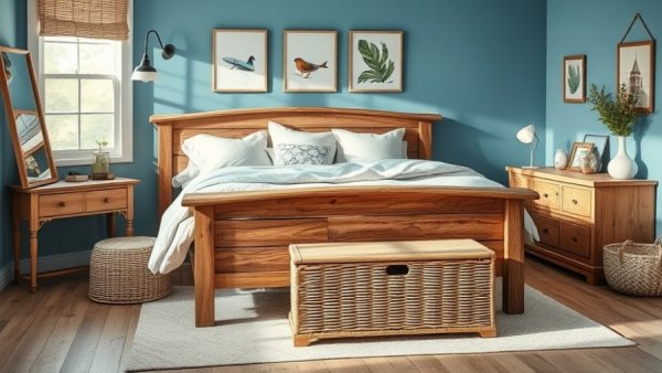 Cozy Coastal Mood Boards: Rustic bed and pastel decor.