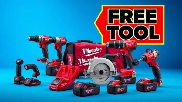 Free Milwaukee Tools Promotion showing drills and saws on blue.