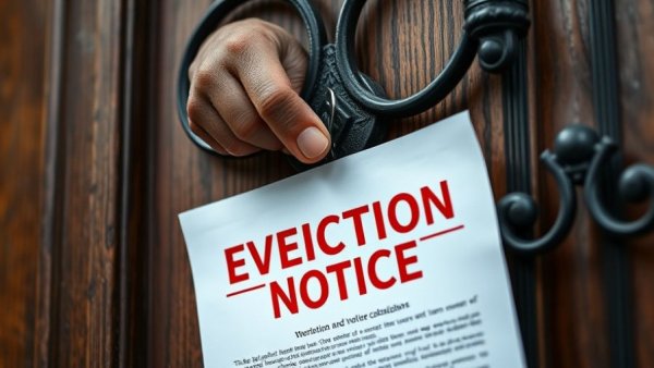 Close-up of eviction notice being posted on a door.