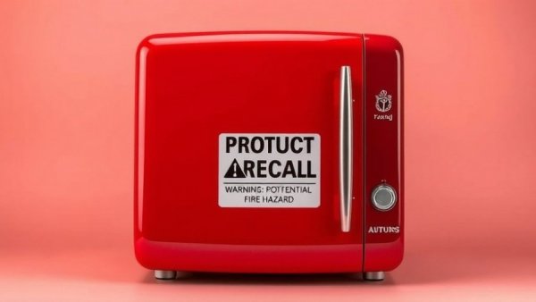 Red mini fridge with 'Product Recall' warning label indicating fire hazard.
