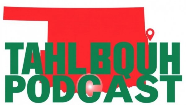 Logo 'Living in Tahlequah Podcast' on an Oklahoma map outline.